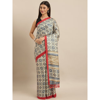 Meia Beige & Navy Blue Jute Silk Printed Patola Saree