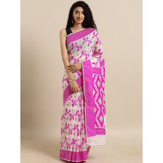 Meia White & Pink Silk Cotton Woven Design Jamdani Saree