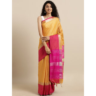 Meia Mustard Yellow & Pink Linen Blend Solid Saree