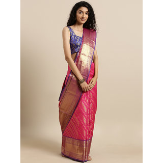 Meia Pink & Blue Silk Blend Woven Design Kanjeevaram Saree