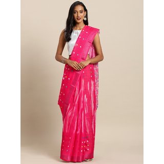 Meia Pink & White Linen Blend Ikat Shibori Printed Bandhani Saree