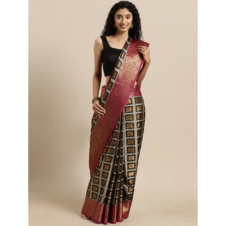 Meia Black & Gold-Toned Tissue Woven Design Checked Kanjeevaram Kora Muslin Saree