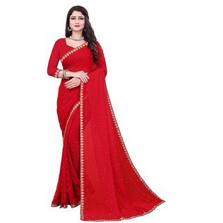 DhNiK Creation Women's Pearl with Embroidery Work Border Georgette Saree