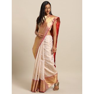Meia White & Gold-Coloured Silk Blend Woven Design Wedding Kanjeevaram Saree