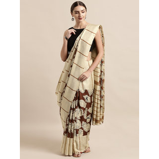 Meia Cream-Coloured & Maroon Linen Blend Printed Chanderi Saree