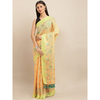 Meia Orange & Lime Green Jute Silk Printed Saree