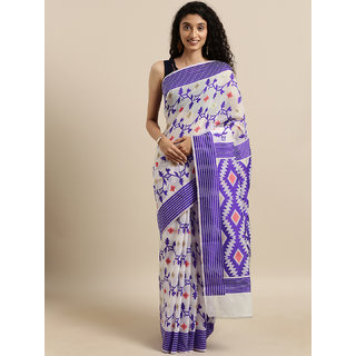 Meia White & Purple Silk Cotton Woven Design Jamdani Saree