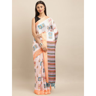 Meia Off-White & Peach-Coloured Jute Silk Printed Saree