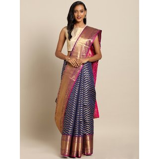 Meia Navy Blue & Gold-Toned Silk Blend Woven Design Kanjeevaram Saree