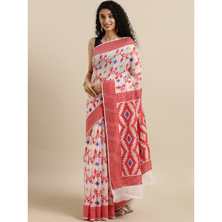 Meia White & Red Silk Cotton Woven Design Jamdani Saree