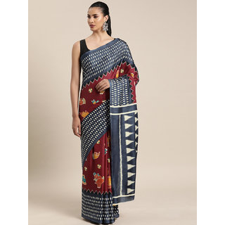 Meia Maroon & Orange Linen Blend Printed Chanderi Saree