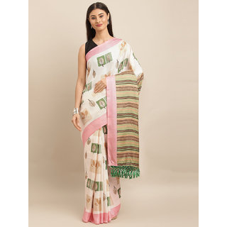 Meia Off-White & Pink Jute Silk Printed Saree