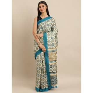 Meia Off-White & Teal Blue Jute Silk Printed Patola Saree