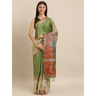 Meia Olive Green & Brown Linen Blend Digital kalamkari Printed Saree