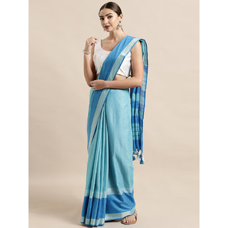 Meia Blue Solid Linen Blend Saree
