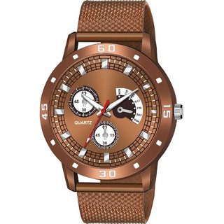 hrv mens round dial brown strap analog watch