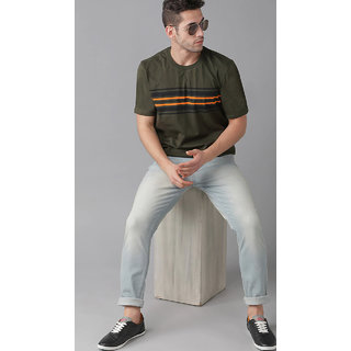odoky olive black and orange round neck t shirt for men