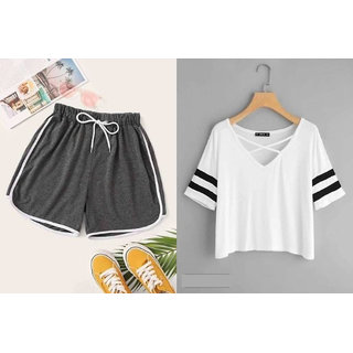 Vivient Grey Short And White Cross Neck Combo