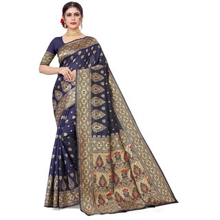 Sharda Creation Navy Blue  Jaquard Silk Embellished Saree - Sarees | Buy online on ZillyBuy