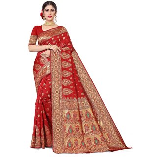 Sharda Creation Red Jaquard Silk Embellished Saree - Sarees | Buy online on ZillyBuy