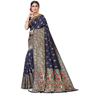 Sharda Creation Navy Blue Jaquard Silk Embellished Saree - Sarees | Buy online on ZillyBuy