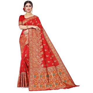 Sharda Creation Red Jaquard Silk Embellished Saree - Sarees | Buy online on ZillyBuy