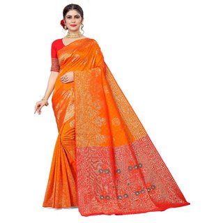 Sharda Creation Orange  Jaquard Silk Embellished Saree - Sarees | Buy online on ZillyBuy