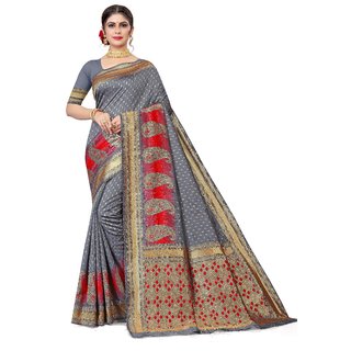 Sharda Creation Grey Jaquard Silk Embellished Saree - Sarees | Buy online on ZillyBuy