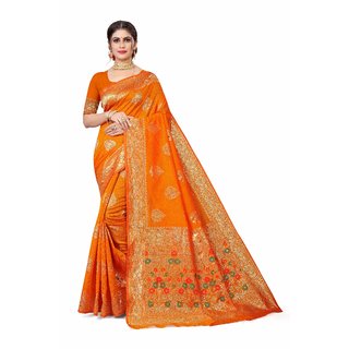 Sharda Creation Orange Jaquard Silk Embellished Saree - Sarees | Buy online on ZillyBuy