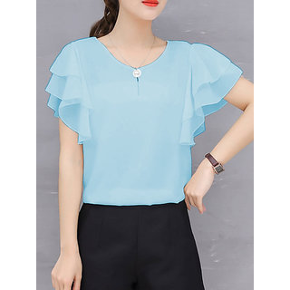 Vivient Women Blue Ruffle Sleeve Neck Button Top