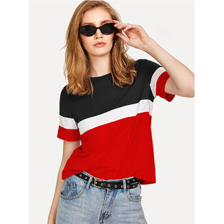 Vivient Women Red ,White Colorblocked T-shirt
