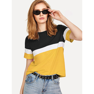 Vivient Women Mustard , White Colorblock T-Shirt