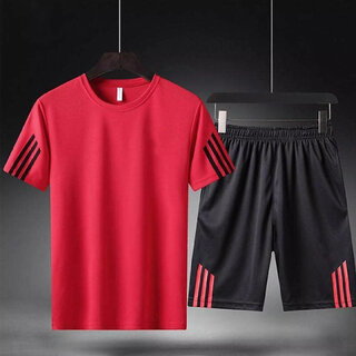 odoky men red and black casual t shirt and short set