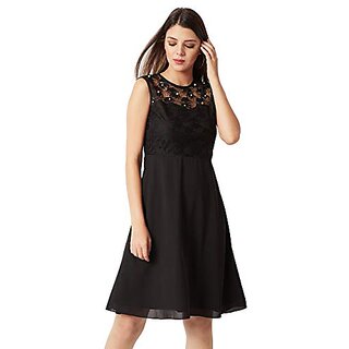 Top Women Miss Chase Womens Black Round Neck Sleeveless Solid Paneled Lace and Pearl Detailing K