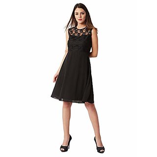 Top Women Miss Chase Womens Black Round Neck Sleeveless Solid Paneled Lace and Pearl Detailing K