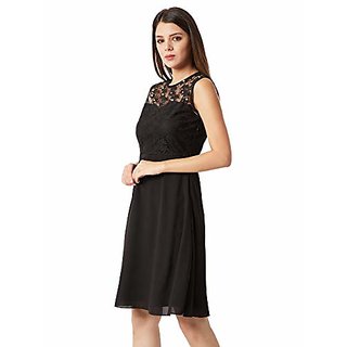 Top Women Miss Chase Womens Black Round Neck Sleeveless Solid Paneled Lace and Pearl Detailing K
