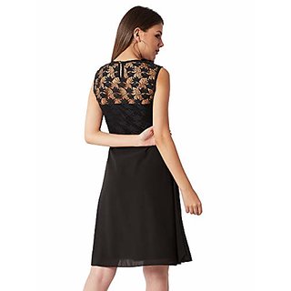 Top Women Miss Chase Womens Black Round Neck Sleeveless Solid Paneled Lace and Pearl Detailing K