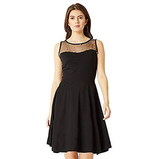 New Women Miss Chase Womens Black Round Neck Sleeveless Cotton Solid Sheer and Pearl Detailing M
