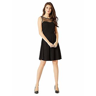 New Women Miss Chase Womens Black Round Neck Sleeveless Cotton Solid Sheer and Pearl Detailing M