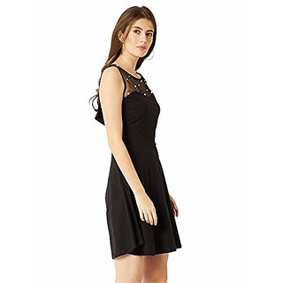 New Women Miss Chase Womens Black Round Neck Sleeveless Cotton Solid Sheer and Pearl Detailing M