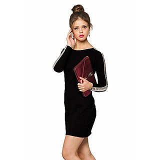 Latest Women Miss Chase Womens Black Designer Super Soft Round Neck Full Sleeves Mini Bodycon Dr
