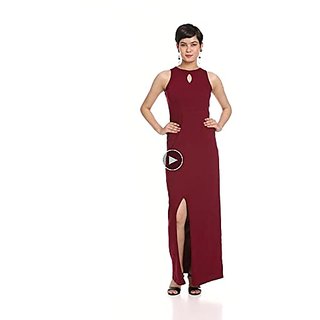 Exclusive Women Miss Chase Womens Maroon Round Neck Sleeveless Cut-Out Front Slit Slim Fit Bodyc