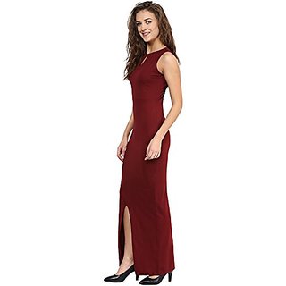 Exclusive Women Miss Chase Womens Maroon Round Neck Sleeveless Cut-Out Front Slit Slim Fit Bodyc