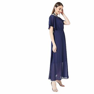 Chic Women Miss Chase Womens Navy Blue Flared Solid Embellished Gathered Maxi Dress 2026 at Shop