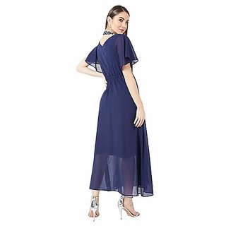 Chic Women Miss Chase Womens Navy Blue Flared Solid Embellished Gathered Maxi Dress 2026 at Shop