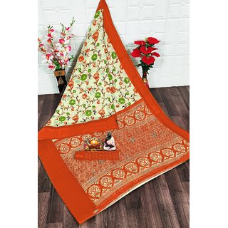 Sharda Creation Orange  Flower Printed Saree - Sarees | Buy online on ZillyBuy