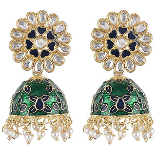 Green Golden Jhumki With Kundan Top Earrings for Girls Alloy Material Earrings for Women's Fashion Jewellery - Earrings | Buy online on ZillyBuy