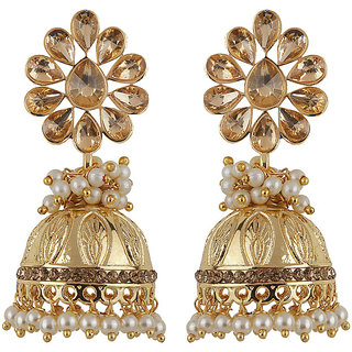 Engraved Jhumki Drop Crystal Top Earrings Golden Copper Material Drop Hook Earrings for Women's Fashion Jewelry - Earrings | Buy online on ZillyBuy