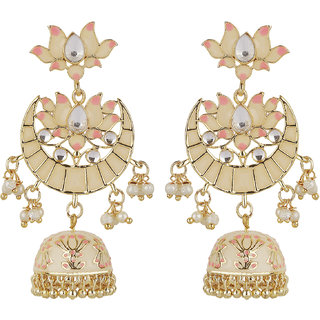 Small Lakshmi Lotus Chand Baali Earrings Golden  Pink Brass Alloy Copper Material Earrings for Women's Fashion Jewelry - Earrings | Buy online on ZillyBuy