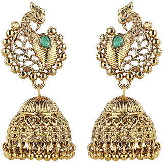Traditional Peacock Dome Jhumki Golden  Green Alloy Brass  Copper Earrings for Women's Fashion Jewelry - Earrings | Buy online on ZillyBuy